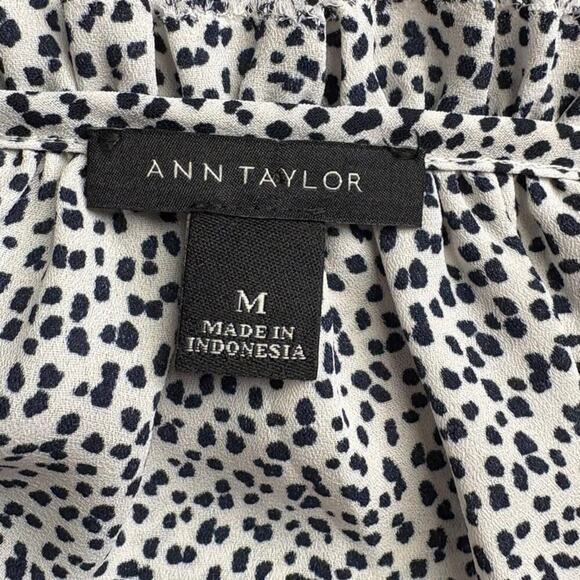 Ann Taylor Black White Puff Sleeve Ruffle Neck Flowy Tunic Blouse Womens Sz M - Picture 5 of 7